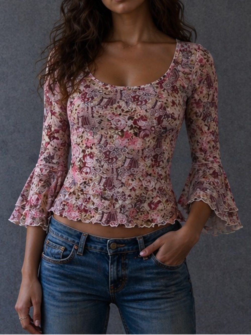 Vintage Fairweather USA Floral Mesh Flare Sleeve Fairy Top